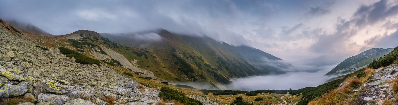 Mountains Landscape with Fog in Ziarska Valley. Rocks in Foreground.