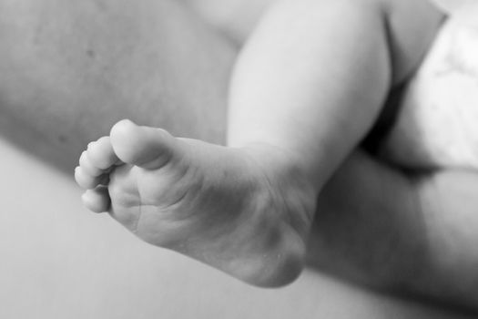 Close up view of a foot of a newborn baby in black and white
