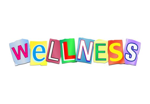 Illustration depicting a set of cut out printed letters arranged to form the word wellness.