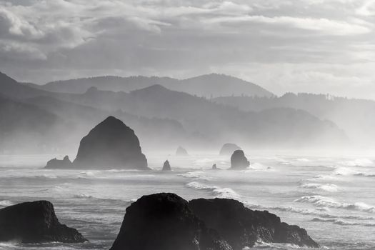 Cannon Beach along Oregon Coast on a Foggy Day Black and White Portrait