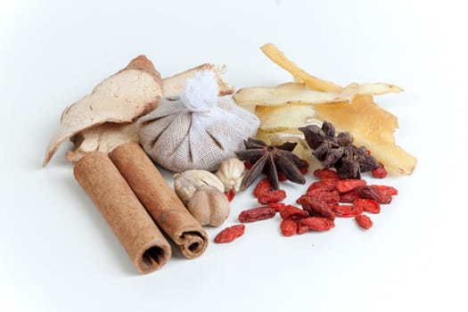 Spices chinese food and herbal wrap for stewed on white background