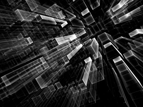 Geometric technology background - abstract computer-generated image. Fractal geometry: tending to the horizont glass parallelepipeds. Tech or virtual reality concept.