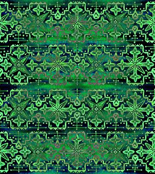 Ethnic seamless pattern. Boho green ornament. Repeating background. Tribal, aboriginal art print. Fabric, cloth design, wallpaper, wrapping Watercolor and Hand painted