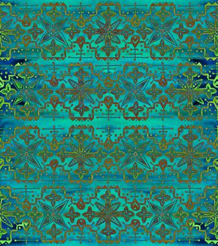 Ethnic seamless pattern. Boho green ornament. Repeating background. Tribal, aboriginal art print. Fabric, cloth design, wallpaper, wrapping Watercolor and Hand painted