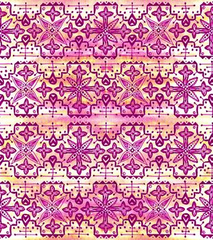 Ethnic seamless pattern. Boho pink ornament. Repeating background. Tribal, aboriginal art print. Fabric, cloth design, wallpaper, wrapping Watercolor and Hand painted