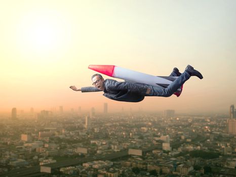 business man spying lens on high building roof  against skyscraper scene for business conceptual