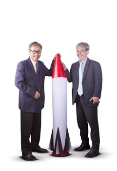 couples of asian business man with rocket missile ,conceptual for business strategy target