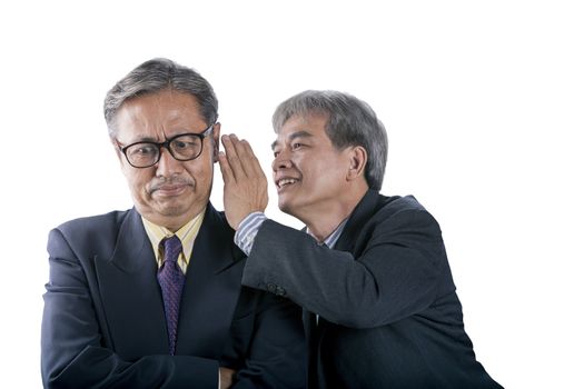 two asian senior business man gossip for business strategy isolated white background