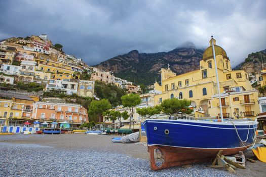 scenic of original wooden boat in positano mediterranean sea southern of italy important traveling destination 