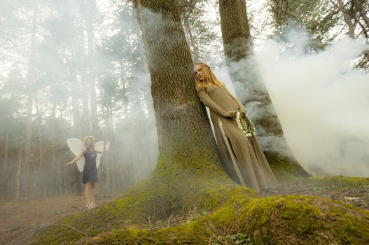 Two beautiful women in a fairytale like forest with heavy mist. One as an elf the other as fairy