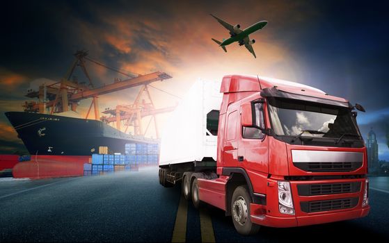 container truck ,ship in port and freight cargo plane in transport and import-export commercial logistic ,shipping business industry 