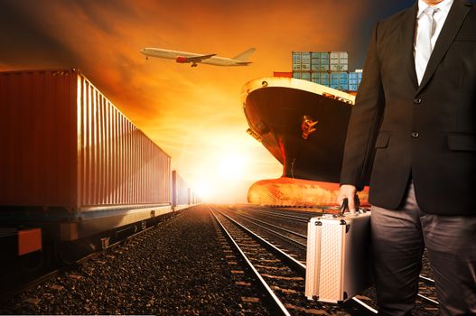 investor and container trains ,commercial ship on port freight cargo plane flying above use for logistic and transportation industry background