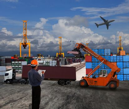 officer man working in land transport logistic with container dock scene use for import export world trading cargo theme