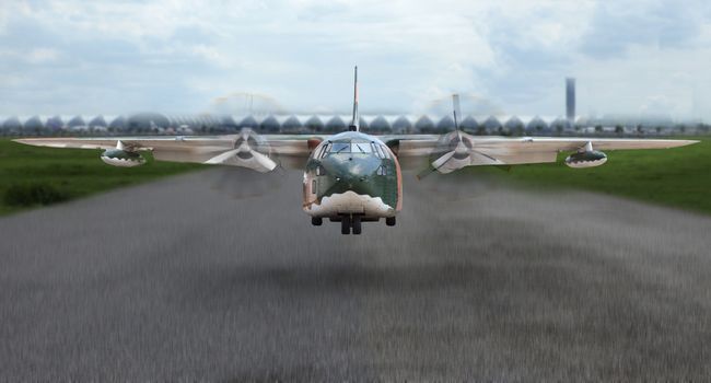 military plane take off from runway