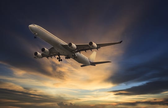 passenger plane flying on beautiful  dusky sky 