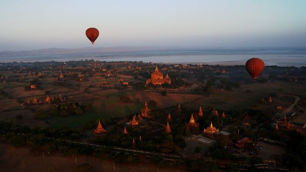 Ballooning in the dawn over Bagan, a thousands of stupas