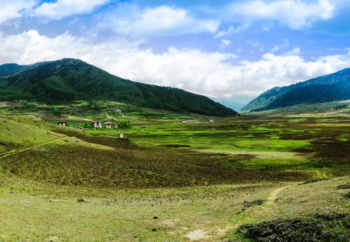 Landscape of mountain Phobjikha valley in Bhutan Himalayas