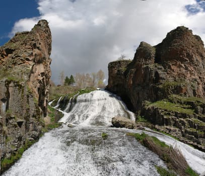 Panorama of Jermuk waterfall on Arpa river, Armenia