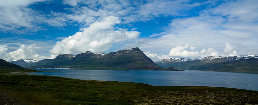 Panorama of Reydarfjordur, biggest fjord. Eastern Iceland