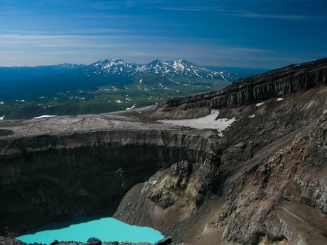 Crater acid lake in Gorely volcano, Kamchatka peninsula, Russia