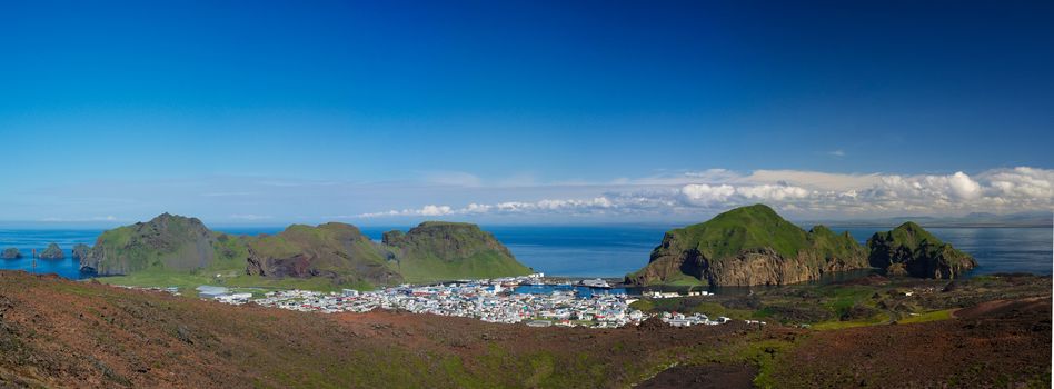 Panorama of Heimaey town , Vestmannaeyjar archipelago, Iceland