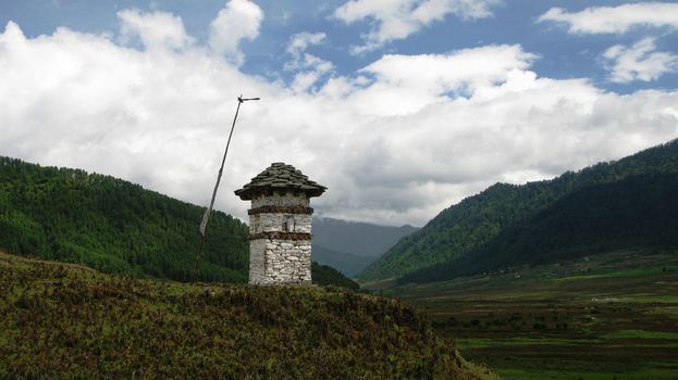Landscape of mountain Phobjikha valley, Bhutan Himalayas