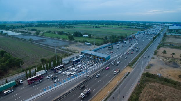 BANGKOK THAILAND - May 4: aerial view of car in paytoll of motorway check point eastern ringroad out skirt of bangkok  in on may 4,2016 in bangkok thailand