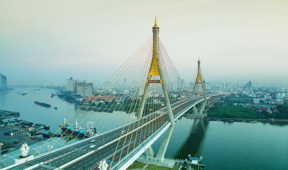 aerial view of bhumiphol bridge crossing chaopraya river important modern landmark of bangkok thailand capital