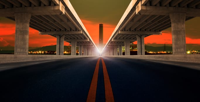 perspective on bridge ram construction and asphalt raod isolated white background use for infra structure and night scene of industry estate background
