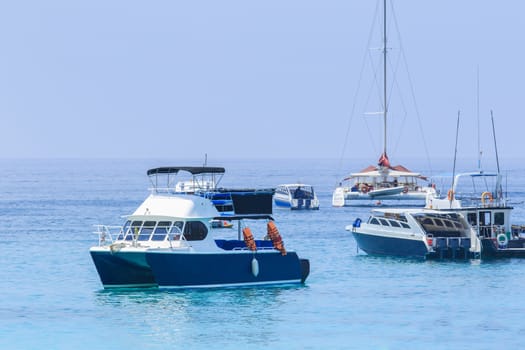 tourist speed boat floating in harbor port phuket island southern of thailand use for water transport and traveling theme