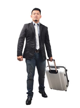 full body portrait of younger asian business man and traveling luggage isolated white background