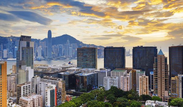 Hong Kong city sunset , Tsim Sha Tsui downtown