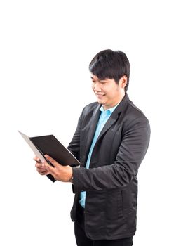 business man reading note book with happiness face isolated white background