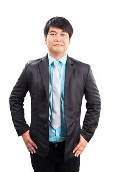 portrait of younger asian man wearing western suit standing and looking to camera with funny happiness emotion face isolated white background