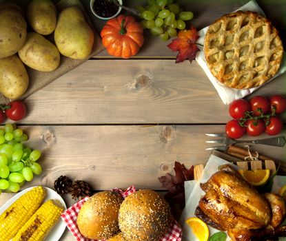 Seasonal thanksgiving meal of a wooden background