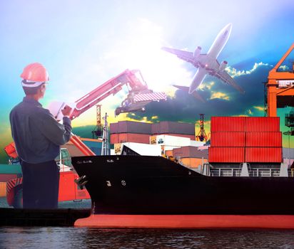 manager working in ship port and air plane cargo logistic use as import export ,transportation shipping ,land and air transport topic