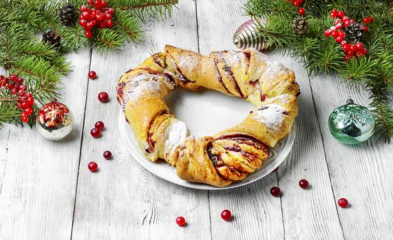 tray of baked Christmas baking background with Christmas tree and decorations