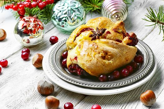 tray of baked Christmas baking background with Christmas tree and decorations