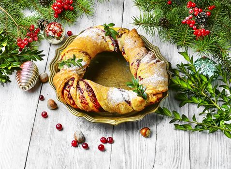 tray of baked Christmas baking background with Christmas tree and decorations