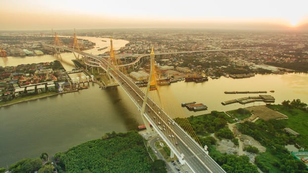 aerial view bhumibol bridge one of landmark landscape of bangkok thailand capital city