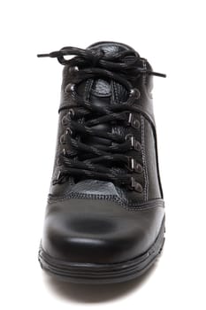 Close up view of a modern black man boot isolated on a white background.