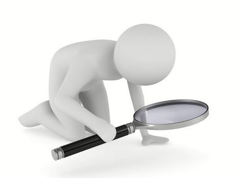 Man with magnifier on white background. Isolated 3D image