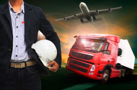 working man in land by truck and air by plane logistic industry , transportation business 