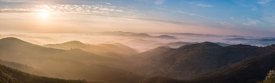 Beautiful view of the morning fog filling the valleys of smooth hills.