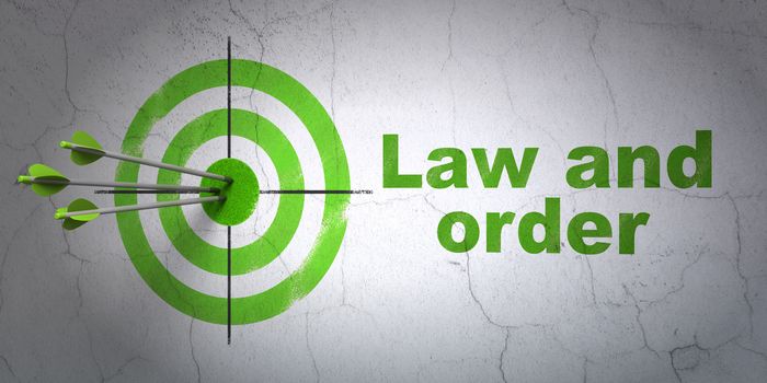 Success law concept: arrows hitting the center of target, Green Law And Order on wall background, 3D rendering