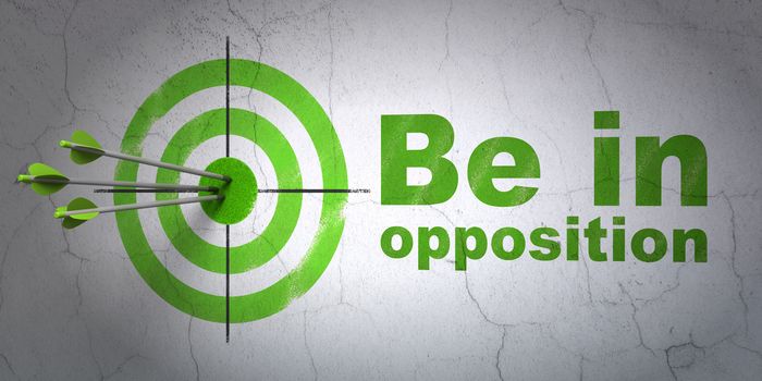 Success politics concept: arrows hitting the center of target, Green Be in Opposition on wall background, 3D rendering