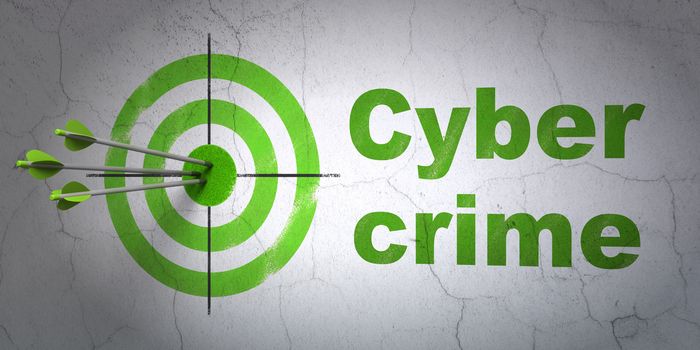 Success protection concept: arrows hitting the center of target, Green Cyber Crime on wall background, 3D rendering