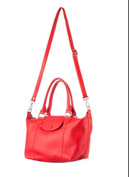 beautiful color of red leather fashion hand bag isolated white background