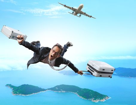 crazy business man flying from passenger plane with briefcase and luggage with glad and happiness emotion use for  people vacation holiday traveling to destination island