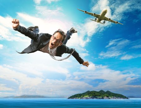 business man flying from passenger plane over natural blue ocean island use for people holiday and vacation time to relaxing destination